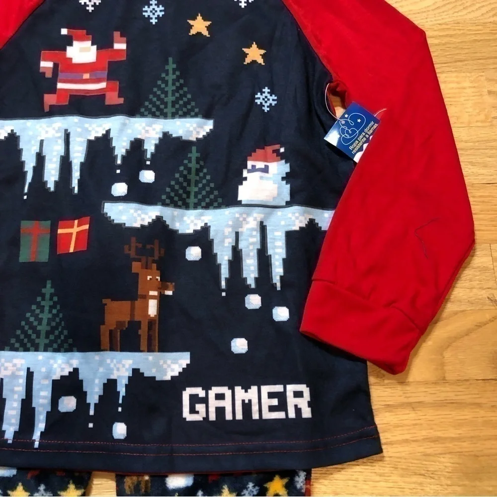 Gamer Christmas Pajamas NEW Sz 8 Blue Red Santa Claus Reindeer Video Games